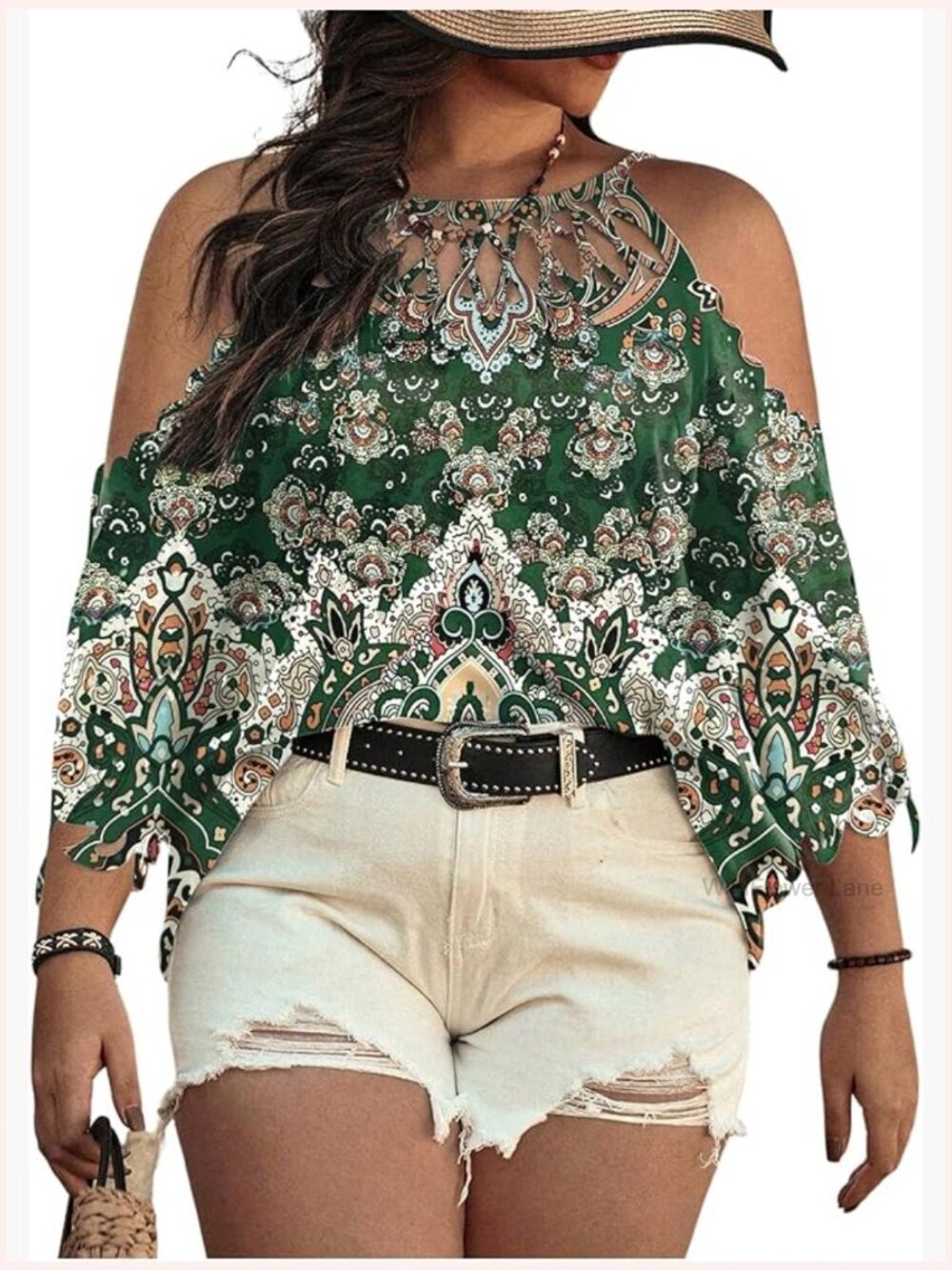 Plus Size Boho Cold Shoulder Top 3/4 Sleeve Blouse